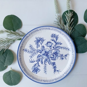 Blue Toile Paper Dessert Plates: French Floral, Set of 10