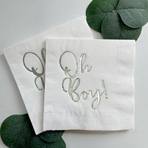 Oh Boy! Baby Shower Cocktail Napkins: Embossed Foil, Set of 16 IMPERFECT Sage Green