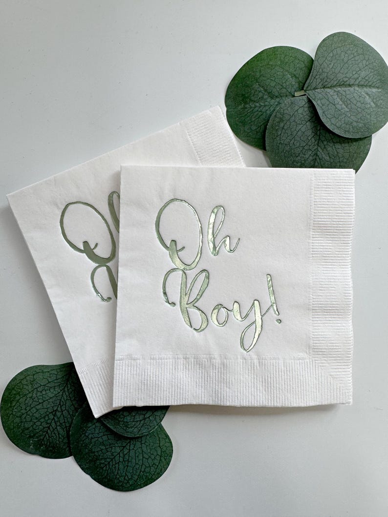 Oh Boy! Baby Shower Cocktail Napkins: Embossed Foil, Set of 16 IMPERFECT Sage Green