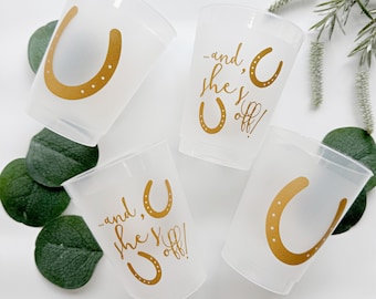 And She’s Off Derby Bridal Shower Cups: Gold Horseshoe Frosted Cocktail Glasses
