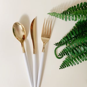 White & Gold Modern Utensils | Forks, Knives or Spoons Options | Elegant Wedding Reception Silverware