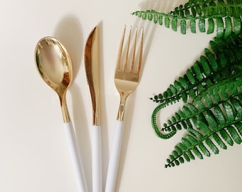 White & Gold Modern Utensils | Forks, Knives or Spoons Options | Elegant Wedding Reception Silverware