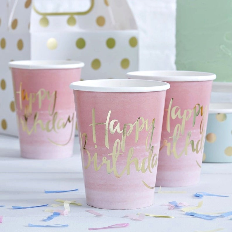 Pink and Gold Paper Plates Napkins Cups Happy Birthday Etsy