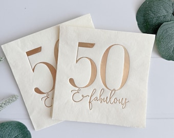 50th Birthday Cocktail Napkins: Ivory & Gold Foil, Set of 16