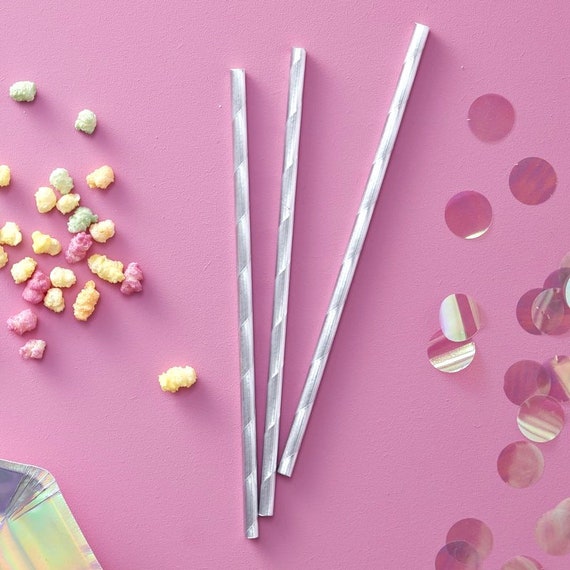 25 Iridescent Silver Disco Party Drinking Straws Il_570xn