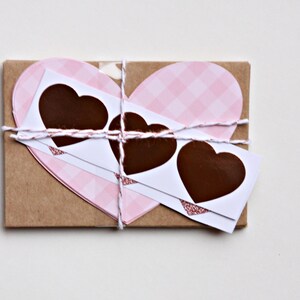 Handmade DIY Valentine cards or lunchbox notes - cute little gingham hearts and kraft envelopes.