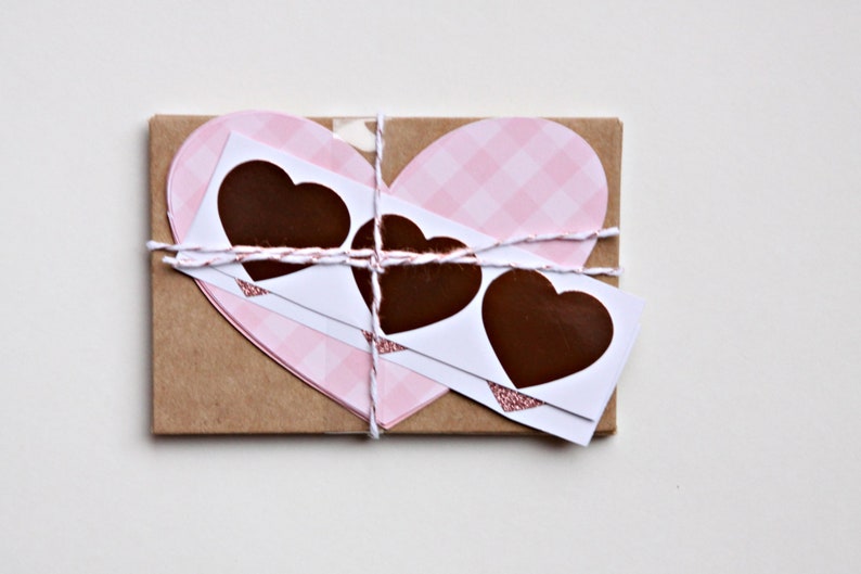 Handmade DIY Valentine cards or lunchbox notes - cute little gingham hearts and kraft envelopes.