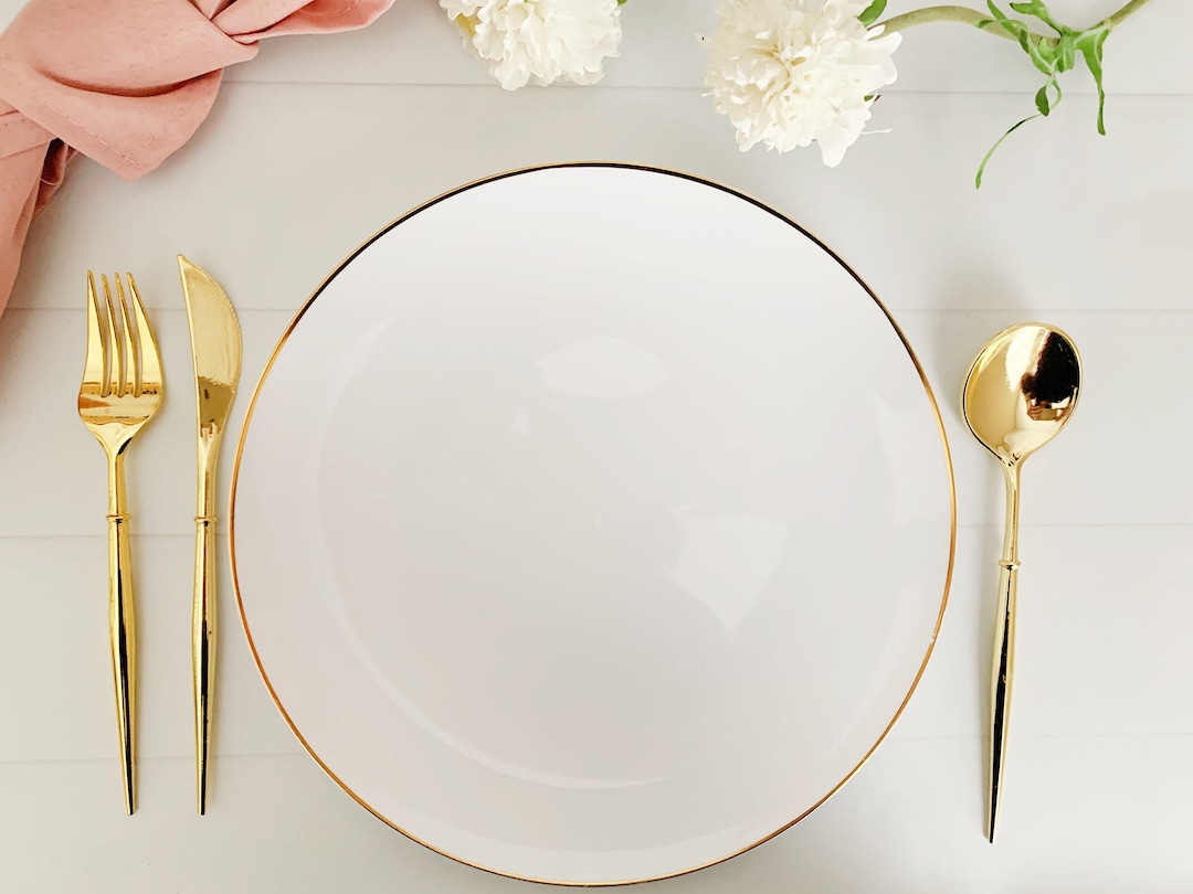 White Dinner Plates With Gold Rim Set of 10 Plastic Plates