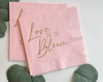 Love is in Bloom Cocktail Napkins: Pink and Gold Foil, Bridal Shower (Set 16)