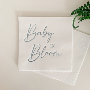 Baby in Bloom - Baby Shower Napkins - Blue Foil - Luncheon Sized Paper Napkins | Set of 16