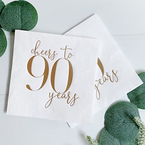 Raise a toast to 90 remarkable years with our "Cheers to 90 Years" Cocktail Napkins featuring stunning gold foil accents! These napkins are the perfect addition to your 90th birthday celebration, adding a touch of elegance and style to commemorate this incredible milestone. Find coordinating frosted cocktail cups and glasses in the shop!  Cheers!