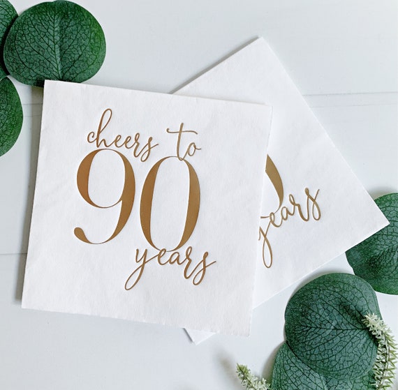 Cheers to 90 Years Cocktail - Gold Foil | Set of 16 90th Birthday Beverage Napkins