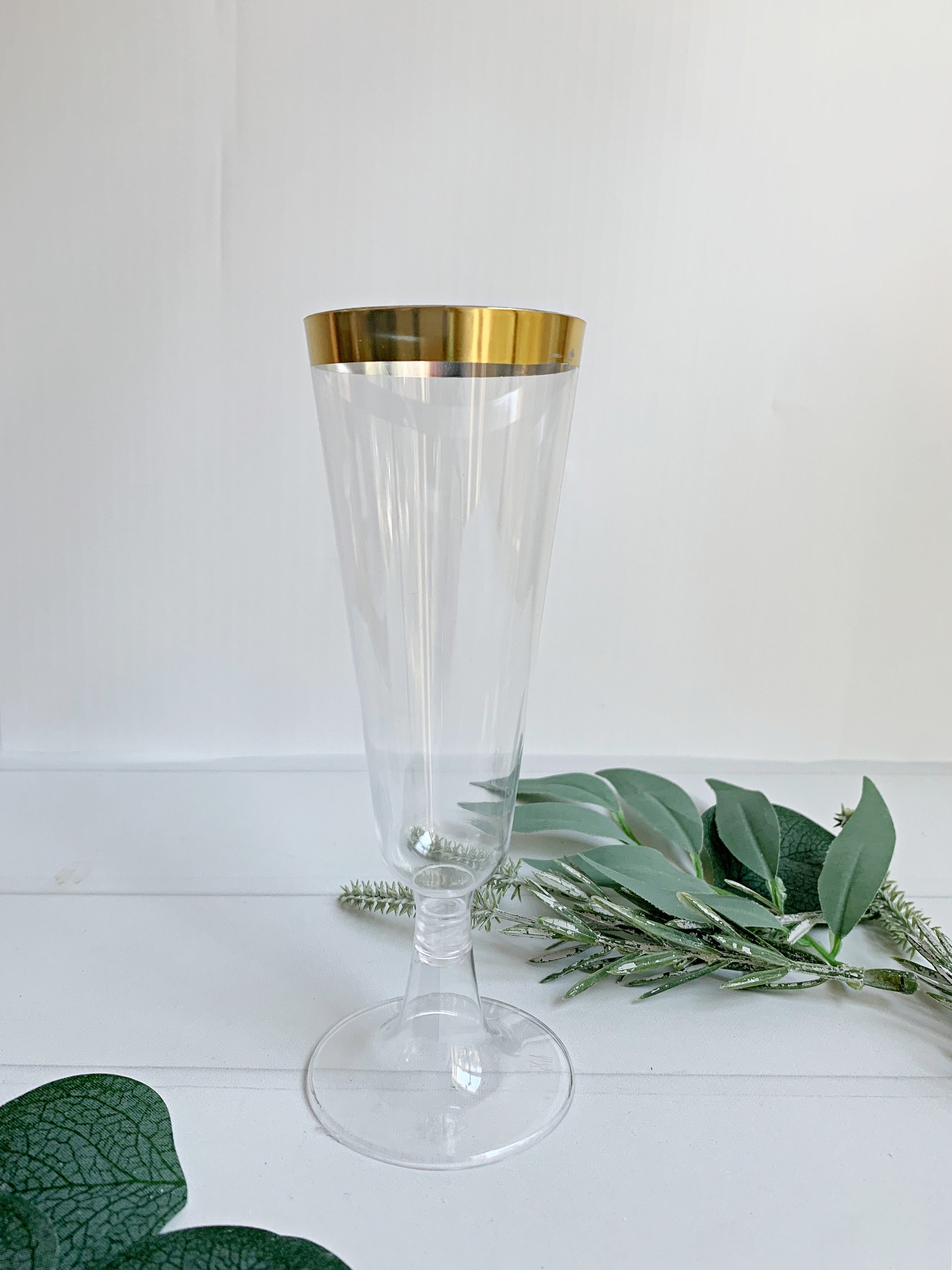Plastic Champagne Flutes, Stemless Disposable Golden Rim Tasting