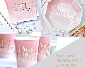 Pink and Gold Paper Plates, Napkins, Cups , Happy Birthday