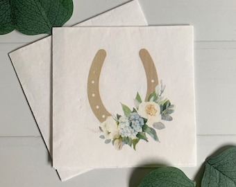 Kentucky Derby Cocktail Napkins - Blue Hydrangea - Gold Horseshoe