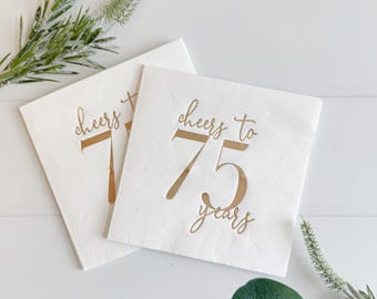 75th Birthday Cocktail Napkins: Gold Foil Cheers to 75 Years, Set of 16