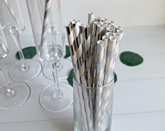 Silver and White Striped Mimosa Bar Straws
