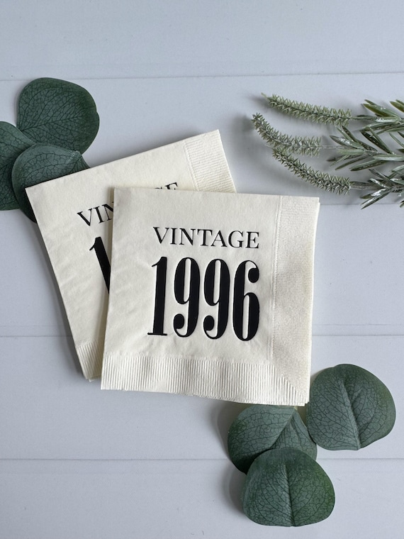 Vintage 1996 Cocktail Napkins – Ivory with Black Foil, Birthday Party Decor