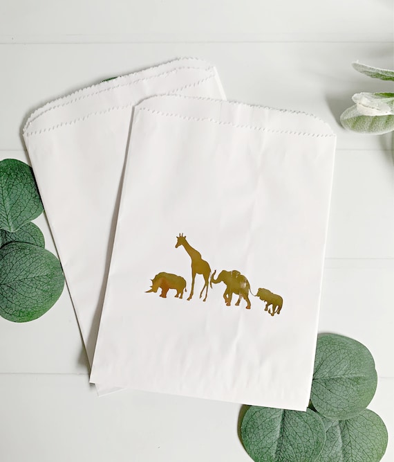 Safari Baby Shower Favor Bags | Set of 12 White with Gold Animal Treat Bags