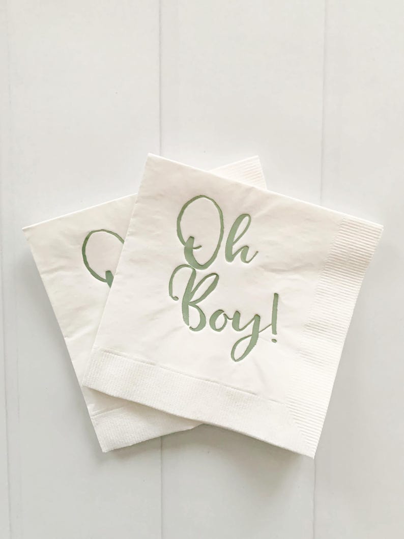 'Oh Boy' in ice blue foil on white paper napkins are the perfect touch for balancing all the tasty treats that will be served at the baby shower!
You can select your color choice from the drop down menu.  Everything from forest green and gold, to red on white, and ice blues and navys.  You can match your baby shower themes with ease with these napkins.