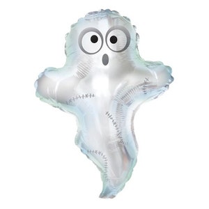 May include: A silver foil balloon shaped like a ghost with stitched seams and googly eyes. The ghost has a surprised expression with an open mouth.