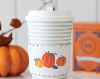 Pumpkin Paper Coffee Cups with Sleeves, Fall Party Favors, Set of 8