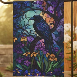 Gothic Raven Garden Flag: Stained Glass Style, Halloween Decor