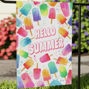 Summer Garden Flag, Rainbow Popsicle Banner, Pool Party House Flag, Ice Cream Yard Decor, Beach Vibes Welcome Flag, Colorful Porch Gift