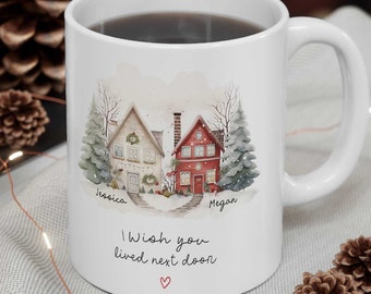Personalized Long Distance Friend Mug: Watercolor Snowy Houses