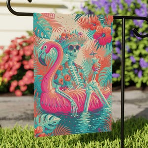 Summerween Skeleton Flamingo Pool Float Garden Flag, Spooky Summer Beach Coastal Yard Flag, Tropical Pool Party Decor