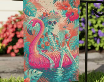 Summerween Skeleton Flamingo Pool Float Garden Flag, Spooky Summer Beach Coastal Yard Flag, Tropical Pool Party Decor