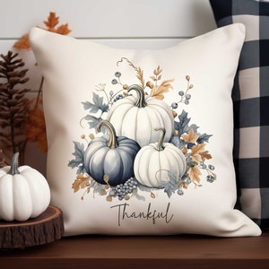 Thanksgiving Pillow Cover, Pumpkin Throw Pillow, Thankful Pumpkins Pillow, Blue Fall Decorative Pillows, Autumn Decor