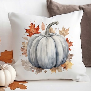 Fall Pillow Cover, Pumpkin Pillow Cover, Gray Watercolor Pumpkin Pillow, Grey Fall Decor, Fall Throw Pillow, Autumn Decor, Farmhouse Pillow image 1