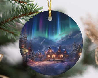 Northern Lights Christmas Ornament: Mountain Village Ceramic Holiday Decor