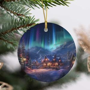 Northern Lights Christmas Ornament: Mountain Village Ceramic Holiday Decor