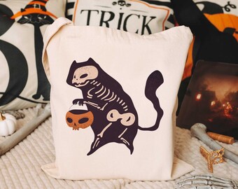 Halloween Cat Bag, Trick or Treat Tote with Spooky Cat Skeleton Design Halloween Candy Bag, Halloween Cats Bag, Spooky Season