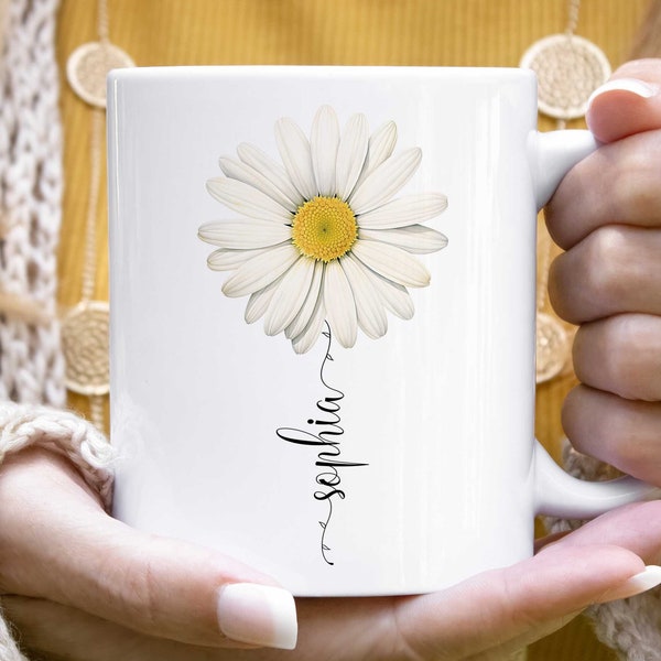 Gänseblümchen-Namenstasse, Gänseblümchen-Geschenke, Gänseblümchen-Blumentasse personalisiert, Gänseblümchen-Geschenk, Gänseblümchen-Liebhaber-Tasse, Gänseblümchen-Kaffeetasse, individuelle Wildblumen-Blumentasse