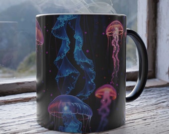 Neon Jellyfish Heat Reveal Mug, Color Changing Ocean Coffee Cup