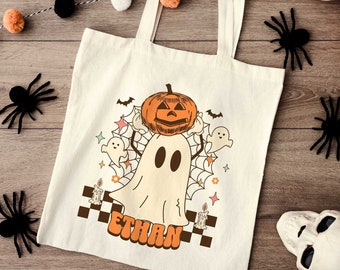 Personalized Halloween Tote Bag, Retro Halloween Bag, Ghost Halloween Trick Or Treat Bag, Kids Candy Bag, Custom Halloween, Spooky Season