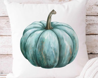 Teal Pumpkin Pillow, Coastal Thanksgiving Accent Cushion