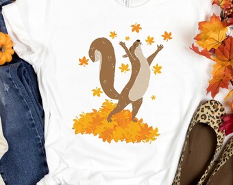 Fall Squirrel T-Shirt, Autumn Leaves, Forest Animal Tee