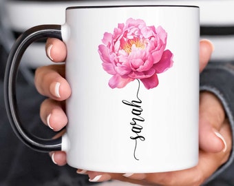 Personalized Peony Mug: Custom Name Floral Coffee Cup