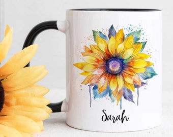 Taza de girasol personalizada: Taza de café con flores de acuarela