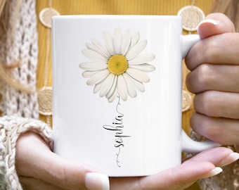 Mug prénom marguerite, cadeaux marguerite, mug fleur marguerite personnalisé, cadeau marguerites, mug amoureux marguerite, tasse à café marguerite, mug floral fleurs sauvages personnalisé