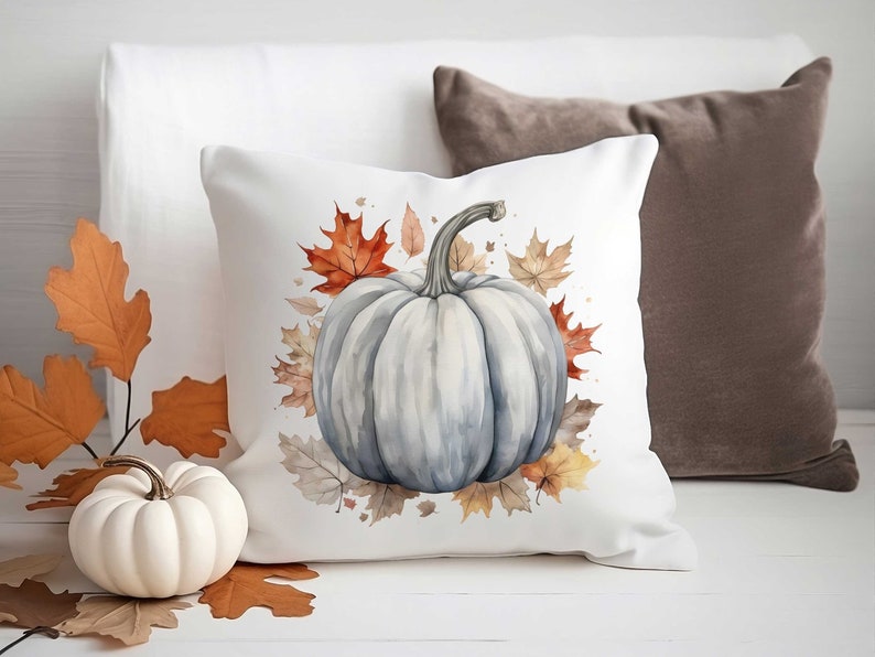 Fall Pillow Cover, Pumpkin Pillow Cover, Gray Watercolor Pumpkin Pillow, Grey Fall Decor, Fall Throw Pillow, Autumn Decor, Farmhouse Pillow image 1