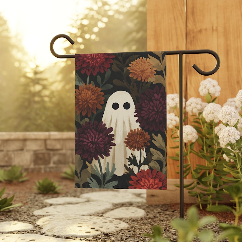 Moody Ghost Garden Flag, dark cottagecore Halloween flag, gothic autumn floral banner with whimsical botanical ghost, night sky and mushroom accents, double sided weather resistant, spooky cute fall yard decor, witchy Halloween garden flag for spooky season porch and enchanted autumn patio, modern gothic decor