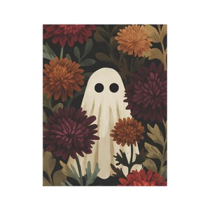 Modern gothic ghost garden flag, moody dark fall floral yard flag, vintage Halloween garden banner, weather resistant double sided, cottagecore autumn house decor, whimsical botanical ghost art with mushrooms and crescent moon, enchanted outdoor fall display, witchy Halloween front porch and yard gift