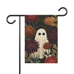 Dark academia ghost garden flag, botanical fall Halloween yard flag with moody whimsical mushrooms, vintage floral autumn decor, friendly ghost motif, night sky stars, weather resistant double sided, cottagecore garden accent, witchy garden flag for fall, gothic home outdoor gift, moody ghost porch flag