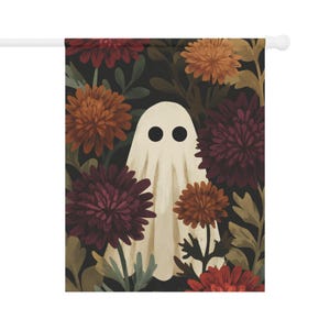 Witchy autumn ghost garden flag, moody cottagecore Halloween home banner with floral dark academia motif, whimsical mushrooms, night sky, autumn leaves and stars, weather resistant double sided, gothic fall yard gift, spooky garden decor, mystical outdoor Halloween porch and patio flag