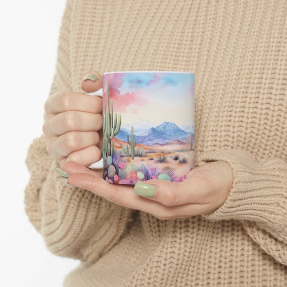 Watercolor Cactus Coffee Mug: Pastel Arizona Desert Scene